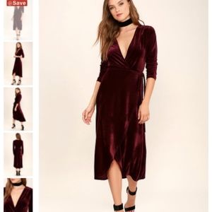 Burgundy Velvet Wrap Midi Dress